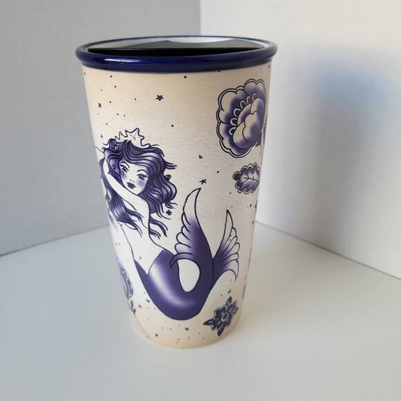 Starbucks 12 Oz Mermaid Tattoo Floral Ceramic Tumbler Travel Mug Blue Siren 2016 - Picture 1 of 6